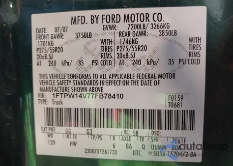 2007 Ford F-150 Fx4/Lariat/Xlt from USA, damaged, VIN 1FTPW14V77FB78410